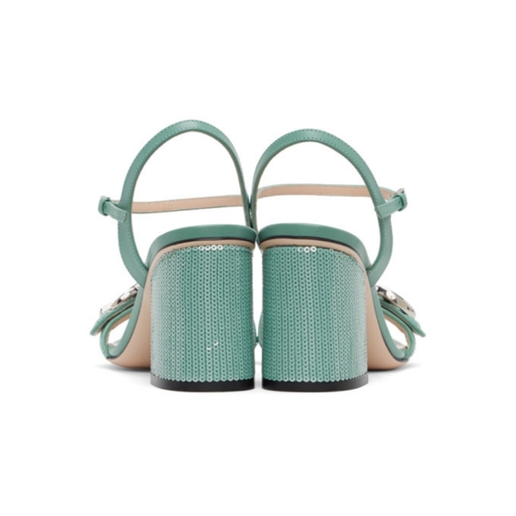 Gucci Green Sequin Gg Marmont Mid Heeled Sandals - Picture 7 of 13